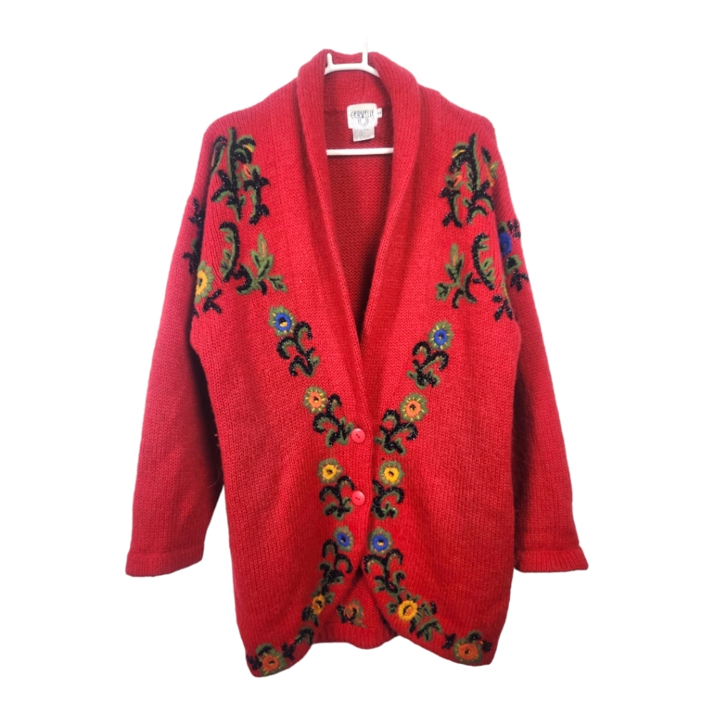 Vintage Cervelle Longline Embellished Shawl Neck Knit Button Front Cardigan